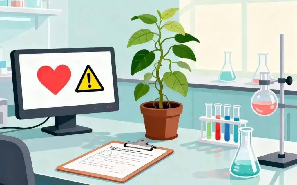Wide pastel laboratory scene illustrating psychedelic risk: heart warning icon on monitor, doctor clipboard, ayahuasca vine plant, and lab equipment on a horizontal desk setting.
