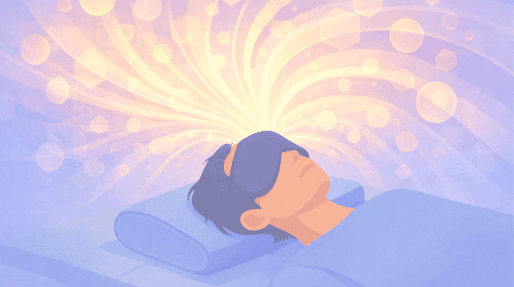 Illustration of a person wearing an eye mask experiencing a vibrant internal journey, symbolizing the deep introspection and transformative potential of a guided psychedelic therapy session with Beckley Retreats.