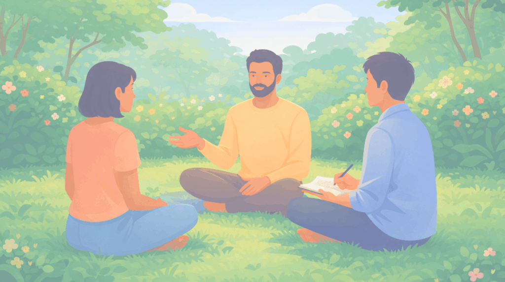 Illustration of a group integration circle in nature, depicting the essential community support, sharing, and processing phase of a psychedelic therapy journey with Beckley Retreats.