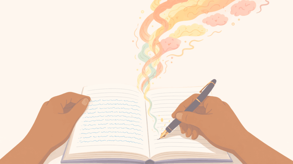 Hands writing in a journal with colorful swirls rising from the page, symbolizing the creative processing of insights during psychedelic integration therapy for the Beckley Retreats blog.