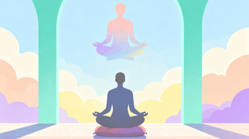 Illustration of a meditator with a floating ethereal form, symbolizing the dissociative, out-of-body side effects and spiritual potential of ketamine therapy and psychedelic healing practices.