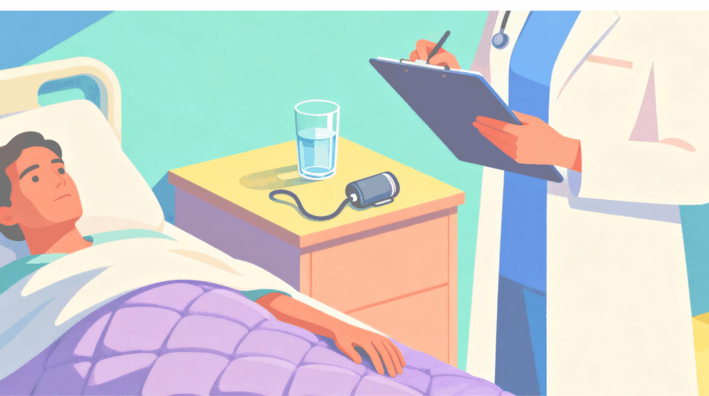 Illustration of a clinician monitoring a patient's vitals during treatment, emphasizing the importance of professional medical supervision and safety in managing ketamine side effects within clinical psychedelic therapy settings.