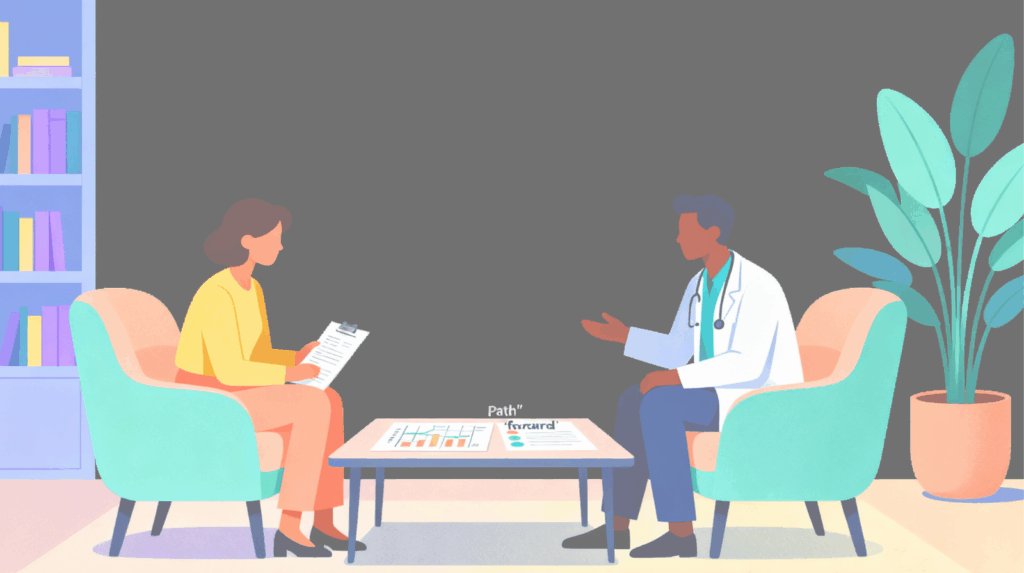 Illustration of a patient consulting with a doctor to discuss medical history and screening protocols, ensuring safe preparation and risk mitigation for ketamine therapy side effects in a clinical setting.