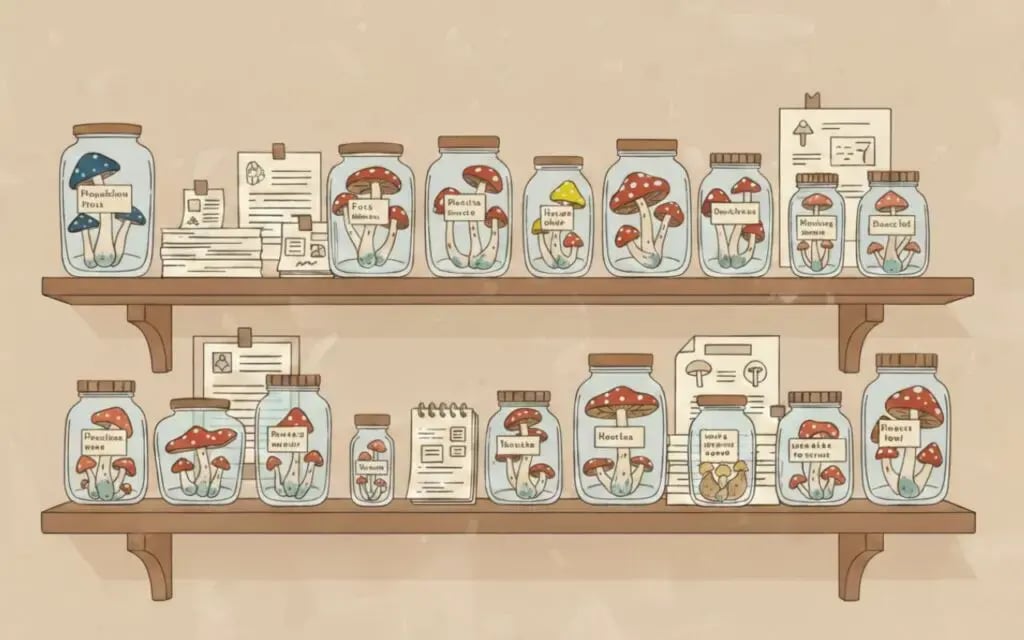 Different types of psychedelic mushrooms in jars on a shelf.