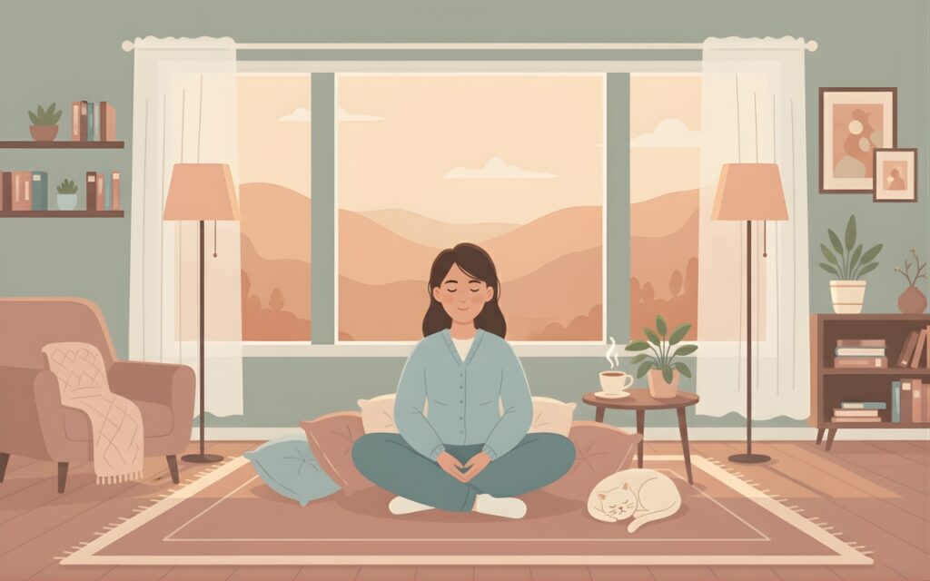 A person sitting on the floor in a peaceful environment enjoying the effects of psychedelic mushrooms.