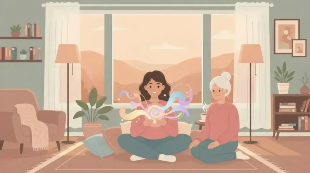 A diverse woman practices psychedelic harm reduction, guided by a compassionate elder, surrounded by symbols of safety, insight, and well-being.