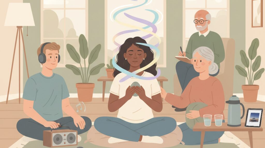 Flat illustration showing a woman using grounding techniques (holding a stone, listening to music) while a sitter supervises, key to real-time Psychedelic Harm Reduction.