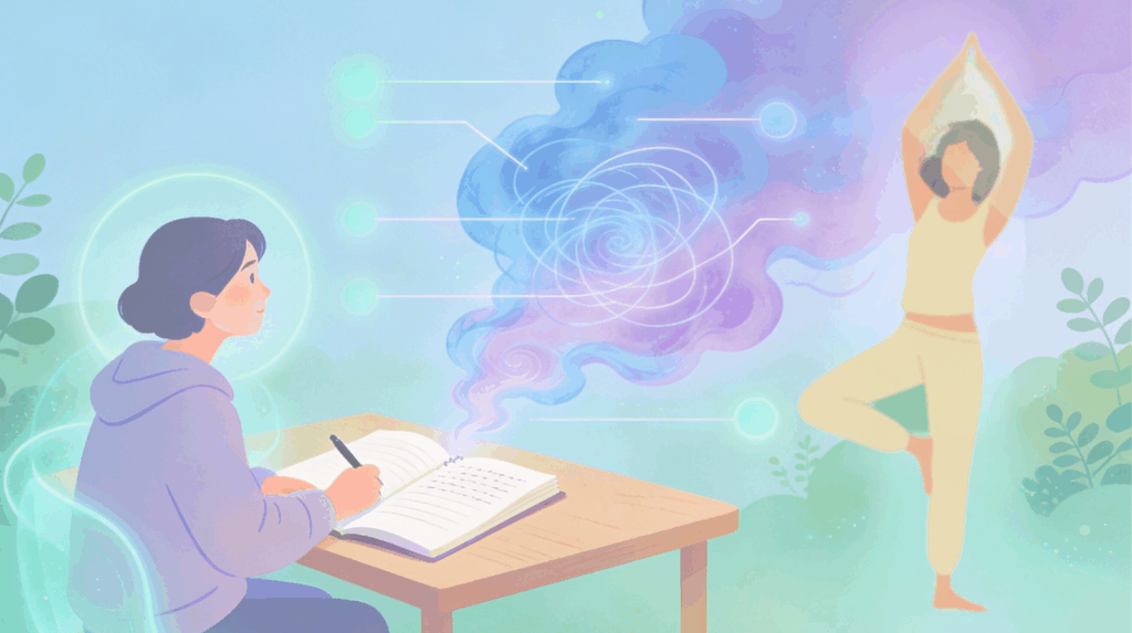 Illustration of woman journaling as swirling cosmic energy connects to a woman in yoga pose, representing psychedelic therapy integration, somatic healing, mindfulness, and holistic transformation at Beckley Retreats.