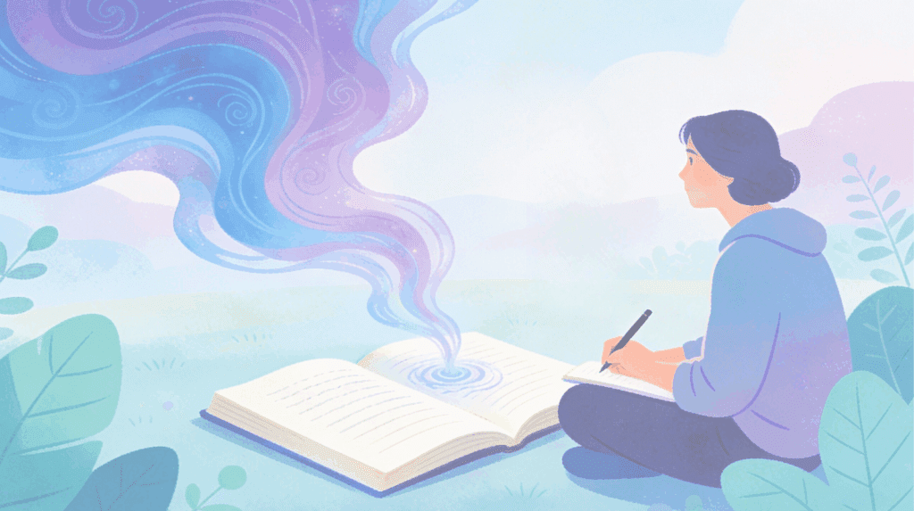 Illustration of woman journaling beside an open book emitting swirling cosmic colors, symbolizing psychedelic therapy integration, mindful reflection, emotional healing and spiritual growth at Beckley Retreats.