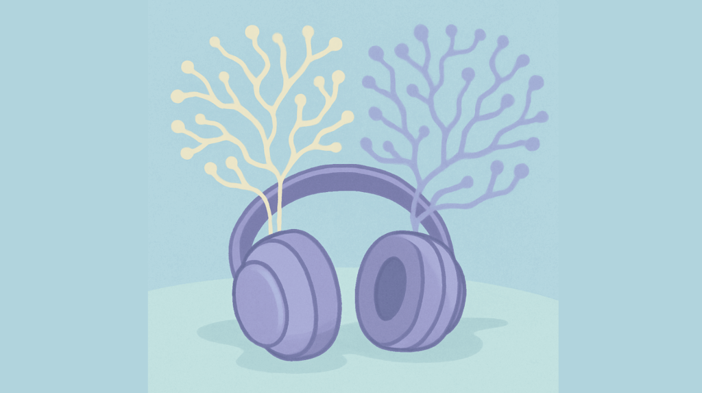 Illustration of purple headphones sprouting neural branches, symbolizing how music supports neuroplasticity and brain growth during Beckley Retreats psychedelic therapy sessions and psilocybin experiences.