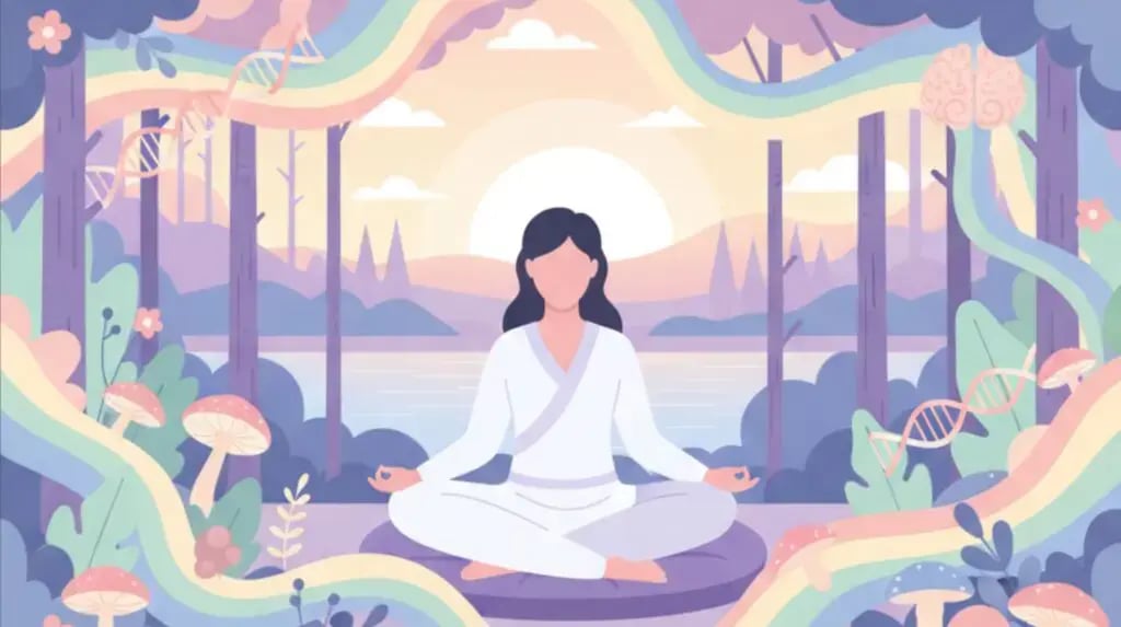 Woman meditating in serene forest setting with psychedelic elements and rainbow energy, experiencing transformative practices at psychedelic retreats in Europe.