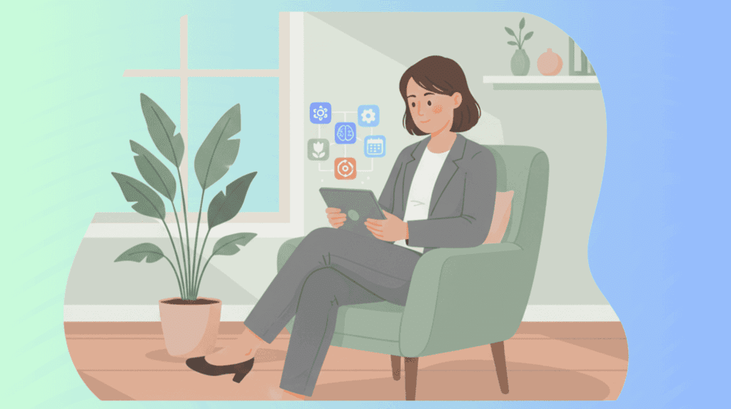 A flat illustration of an executive preparing for a psilocybin retreat, sitting in an armchair while reviewing digital content related to leadership skills, now with more vibrant colors.