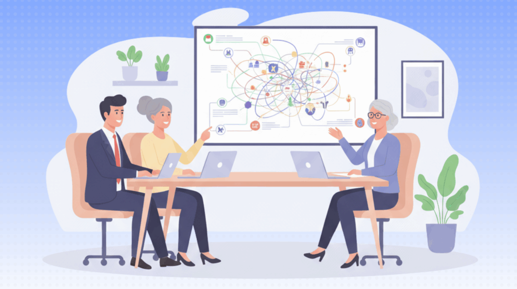 A flat illustration depicting executives engaged in a post-retreat integration session, discussing complex ideas represented by a whiteboard full of interconnected lines, now with more vibrant colors.