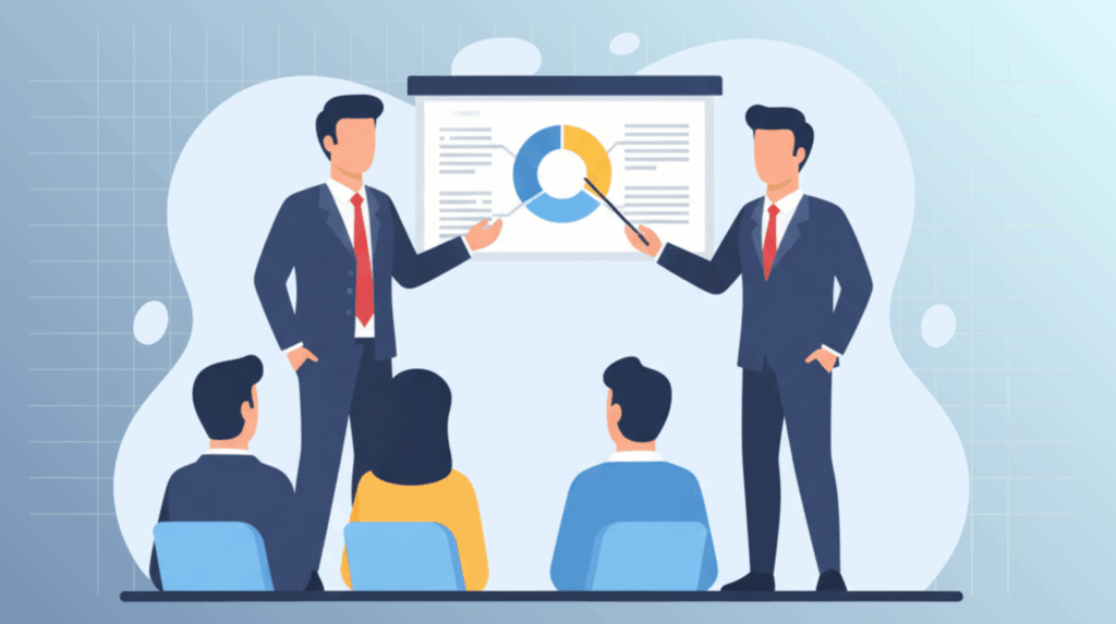 A flat illustration depicting executives engaged in a post-retreat integration session, discussing complex ideas represented by a whiteboard full of interconnected lines, now with more vibrant colors.