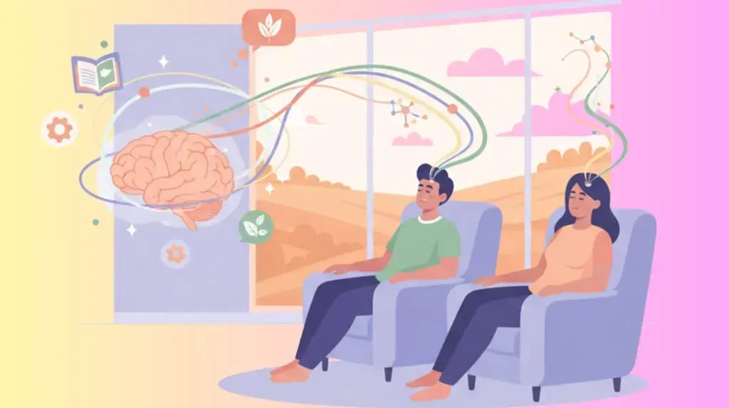 Two individuals in comfortable chairs with subtle, colorful lines connecting their heads to symbols representing psychedelic insights, mental health, and personal growth.