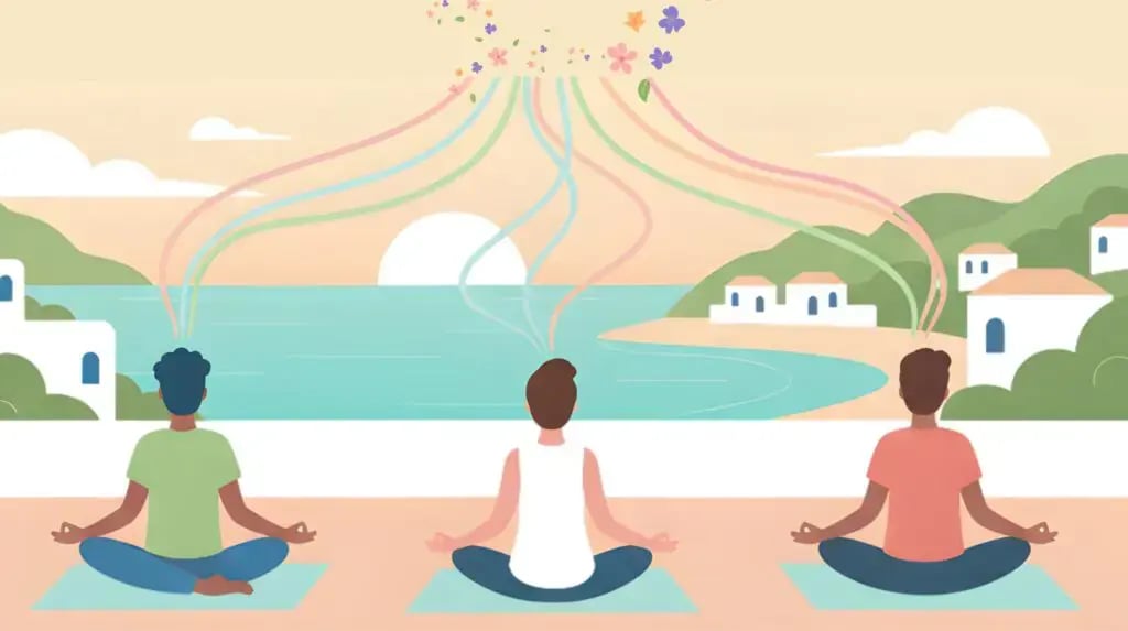 Simple flat illustration of two people sitting comfortably, connected by abstract, flowing lines to a stylized Spanish landscape, representing the introspective journey of psychedelic retreats.