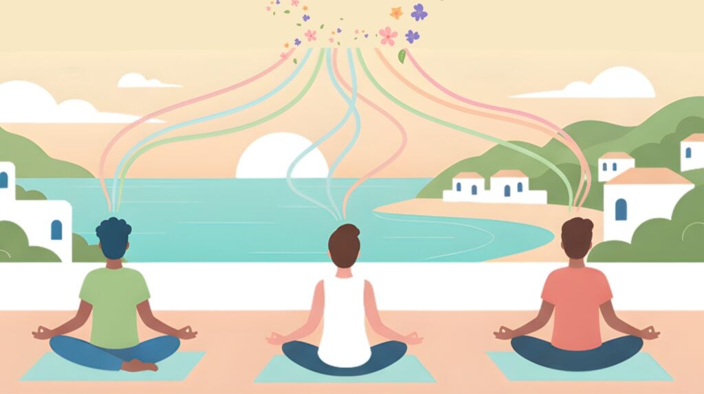 Simple flat illustration of two people sitting comfortably, connected by abstract, flowing lines to a stylized Spanish landscape, representing the introspective journey of psychedelic retreats.