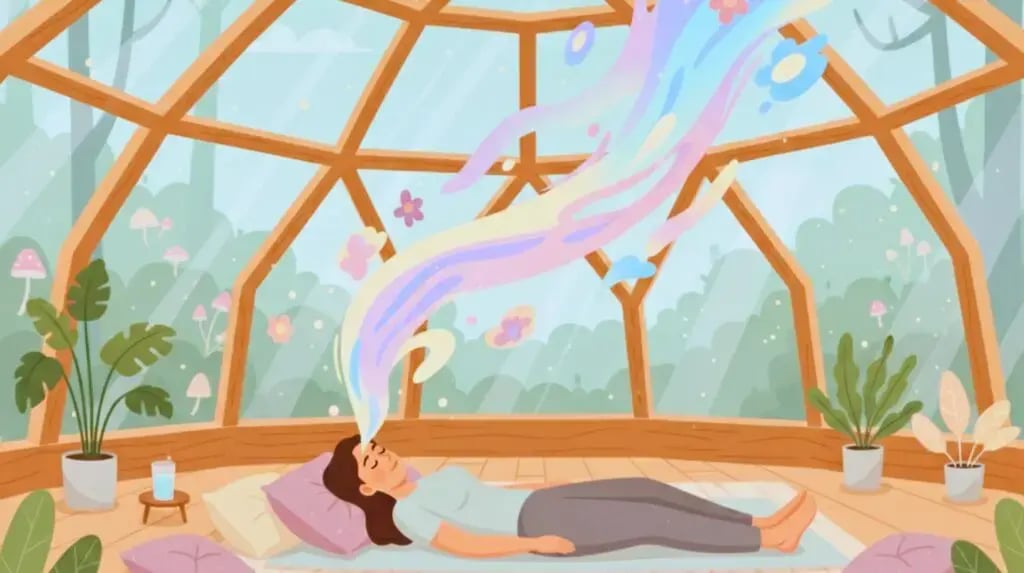 Illustration of a person lying down in a dome, experiencing an abstract, colorful visualization, representing therapy with psychedelics for career burnout.