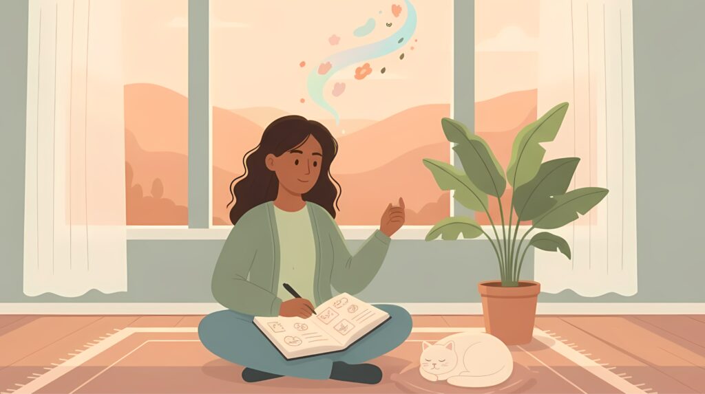 Woman journaling about ideas and feelings, possibly related to psychedelics for career burnout, with a cat and a plant in front of a window.