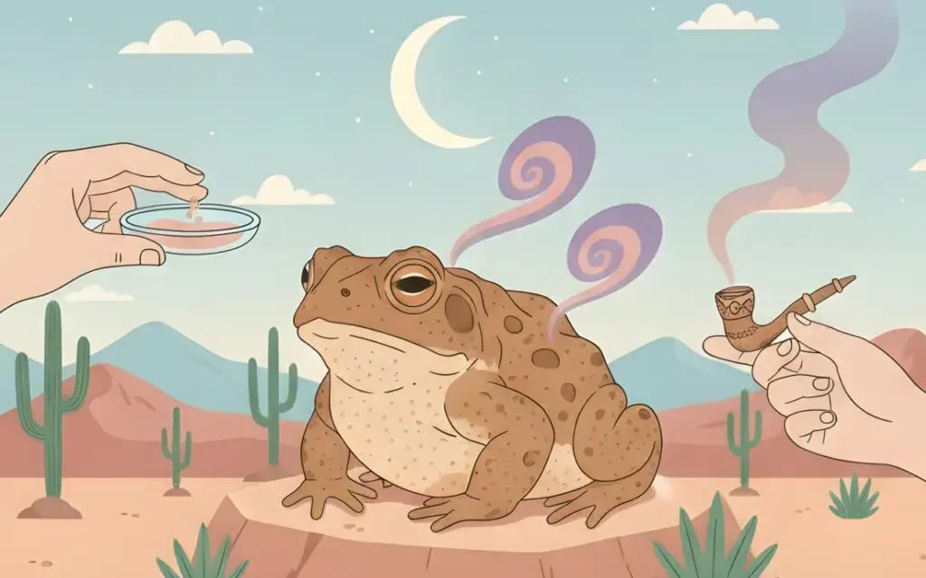 A Sonoran Desert toad, source of the powerful psychedelic 5-MeO-DMT, sits in a flat illustration. Hands demonstrate the controversial process of milking its venom for smoking.