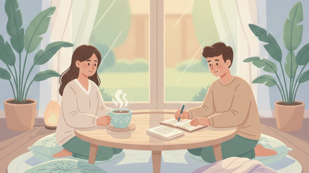 Illustration of a couple journaling and connecting in a cozy setting, representing the integration phase of psychedelic therapy where partners process their Beckley Retreats experience together.