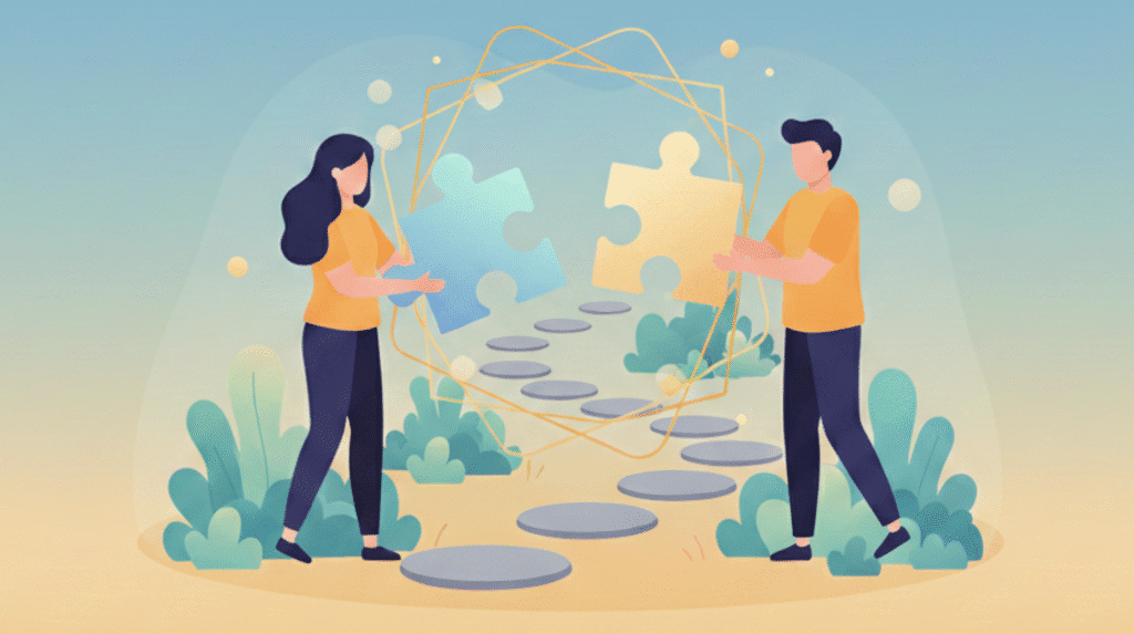 A man and woman standing on a path connecting two large puzzle pieces, depicting successful integration and restored connection after psilocybin-assisted couples therapy.