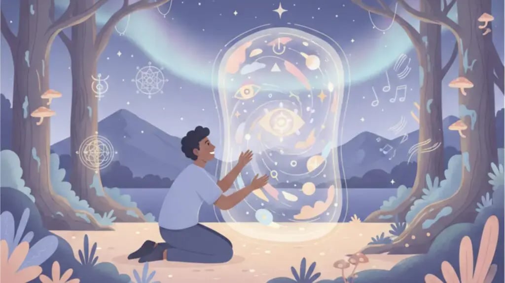 Flat illustration of the psilocybin experience, showing a person meditating amid colorful, swirling, spiritual visions in a nature setting, illustrating the feeling of a psychedelic experience.