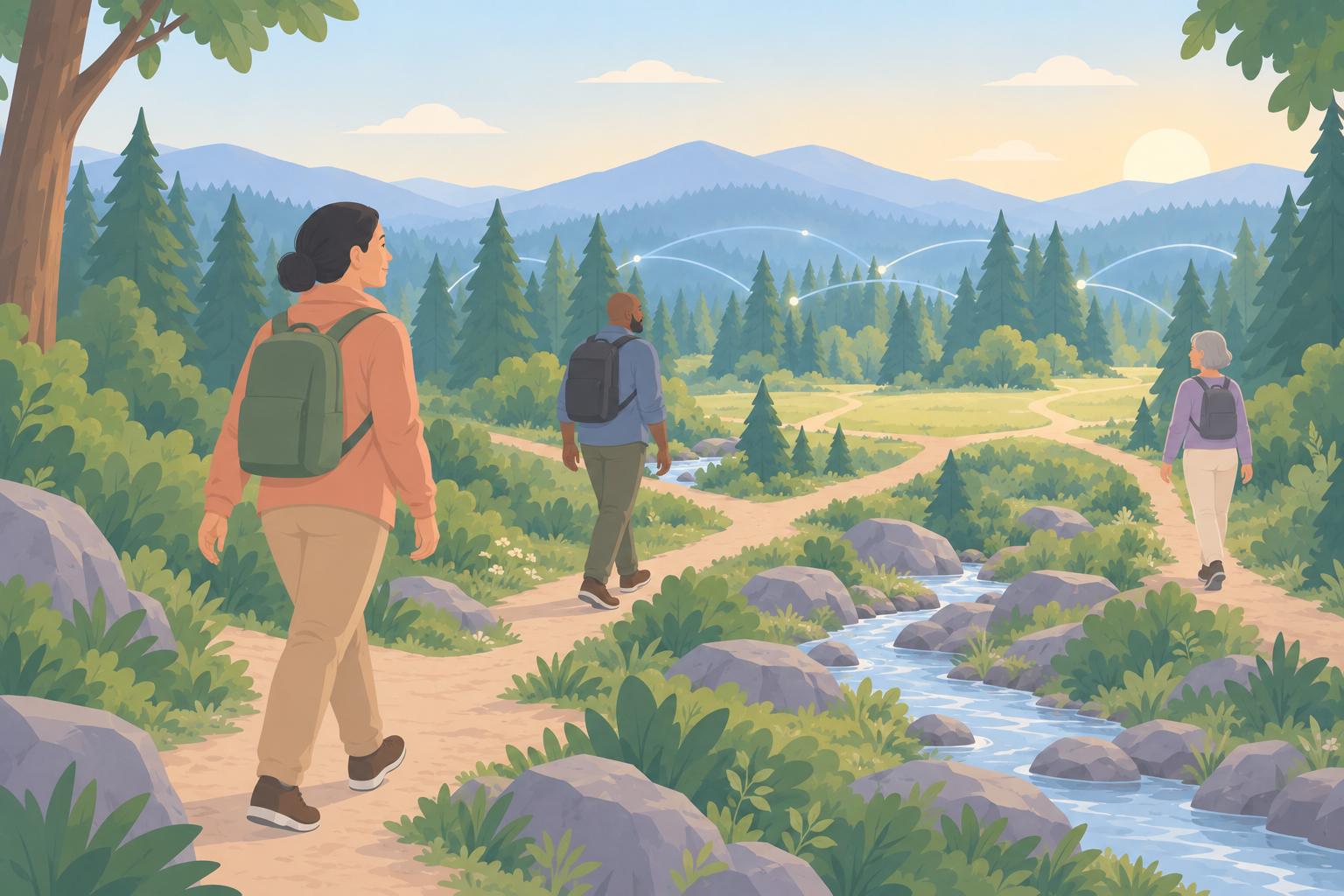 Three hikers walk separate woodland trails that curve toward the same sunlit clearing.