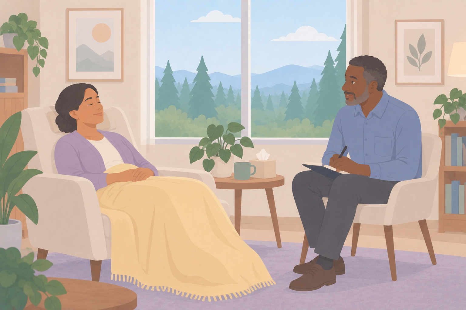 A woman reclines with her eyes closed in a sunlit therapy room while a clinician sits nearby with a notebook.
