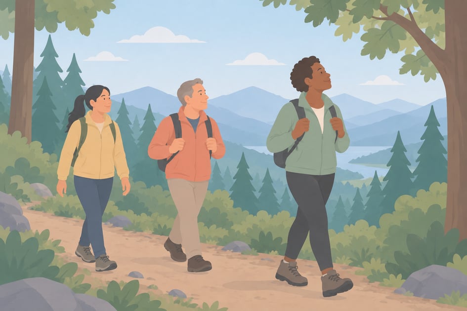 Three hikers walk a forest ridge trail at golden hour, spaced apart, one looking up at the tree canopy.