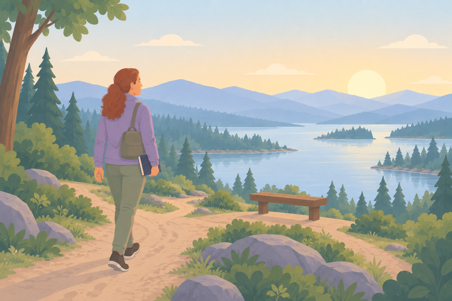 A woman carrying a journal walks a lakeside trail past a bench in the early morning.