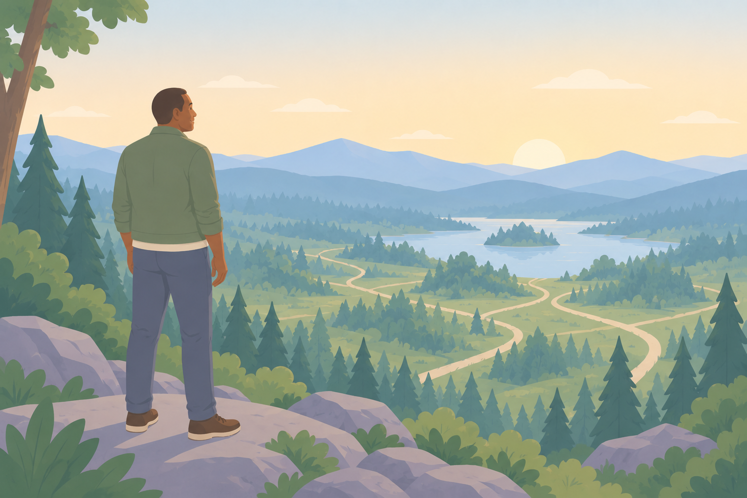 A man stands on a rocky overlook watching several winding trails converge toward a lake in the valley below.