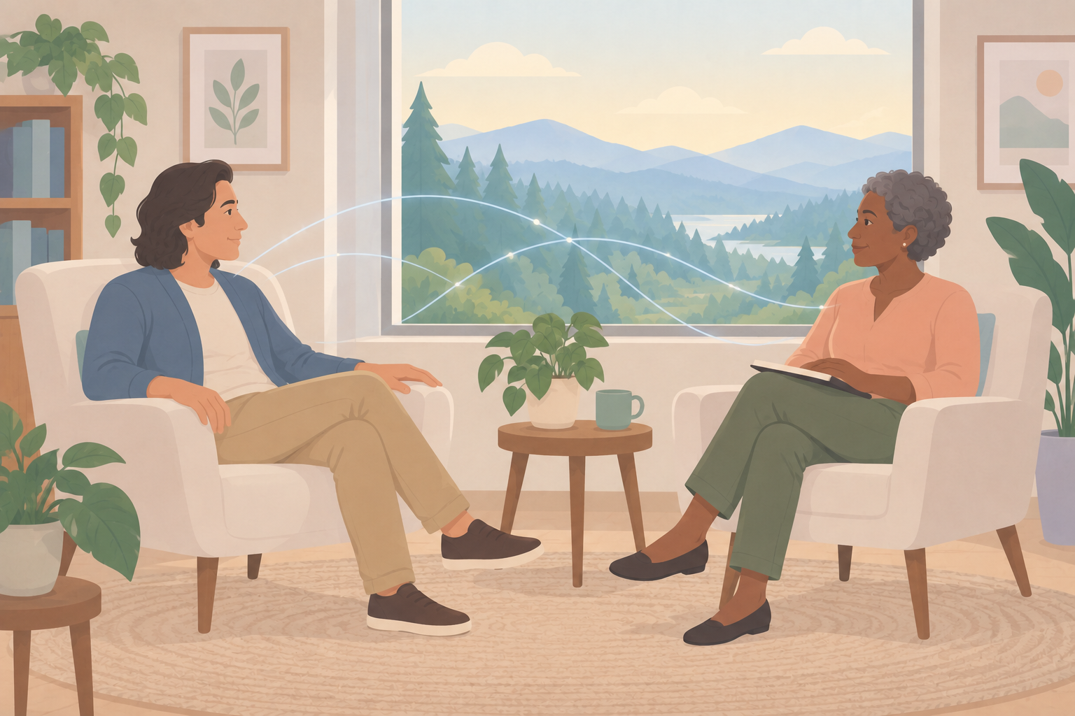 A participant reclines in an armchair across from a clinician in a sunlit therapy room overlooking forested hills.