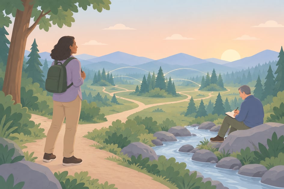 A woman pauses on a branching woodland path while a man journals on a rock beside a stream at sunrise.