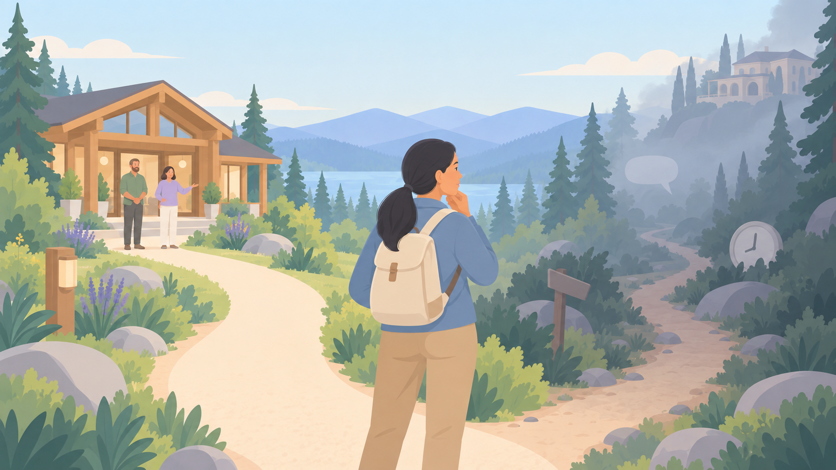 A traveler pauses at a trail fork between a welcoming retreat lodge and a foggy, uncertain path.