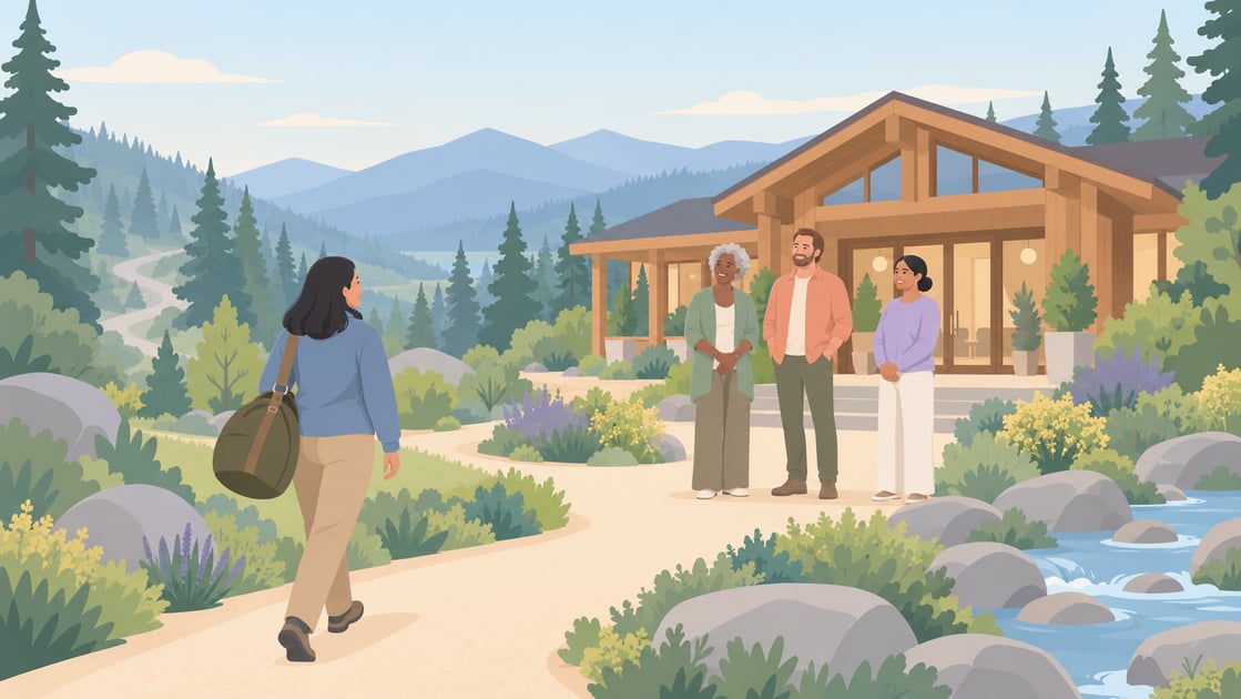 A woman walks a trail toward a mountain retreat lodge where three staff members wait at the entrance.