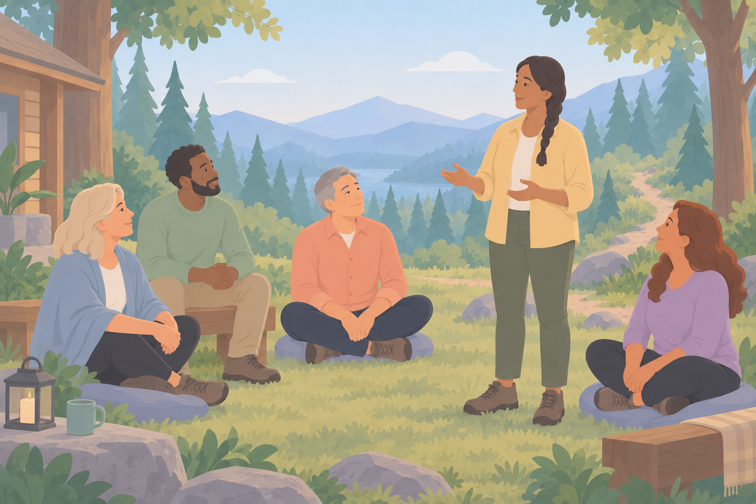 A facilitator speaks to four seated adults in a grassy clearing at the edge of the woods.