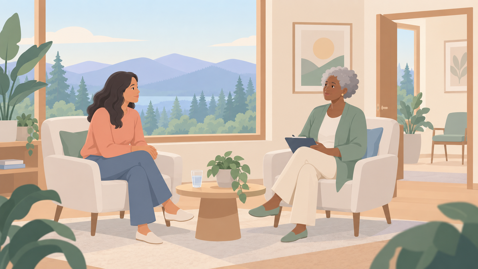 A retreat guest and a clinician sit across from each other during an intake screening conversation.