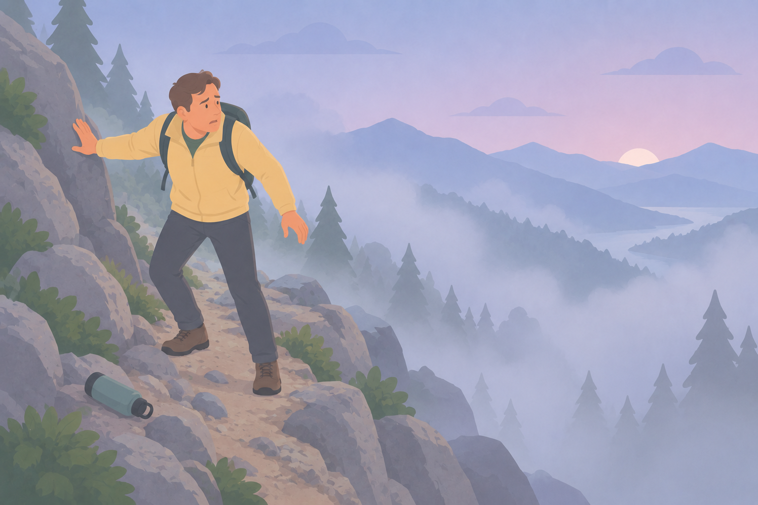 A lone hiker braces against a boulder on a narrow rocky ridge as fog obscures the trail ahead.
