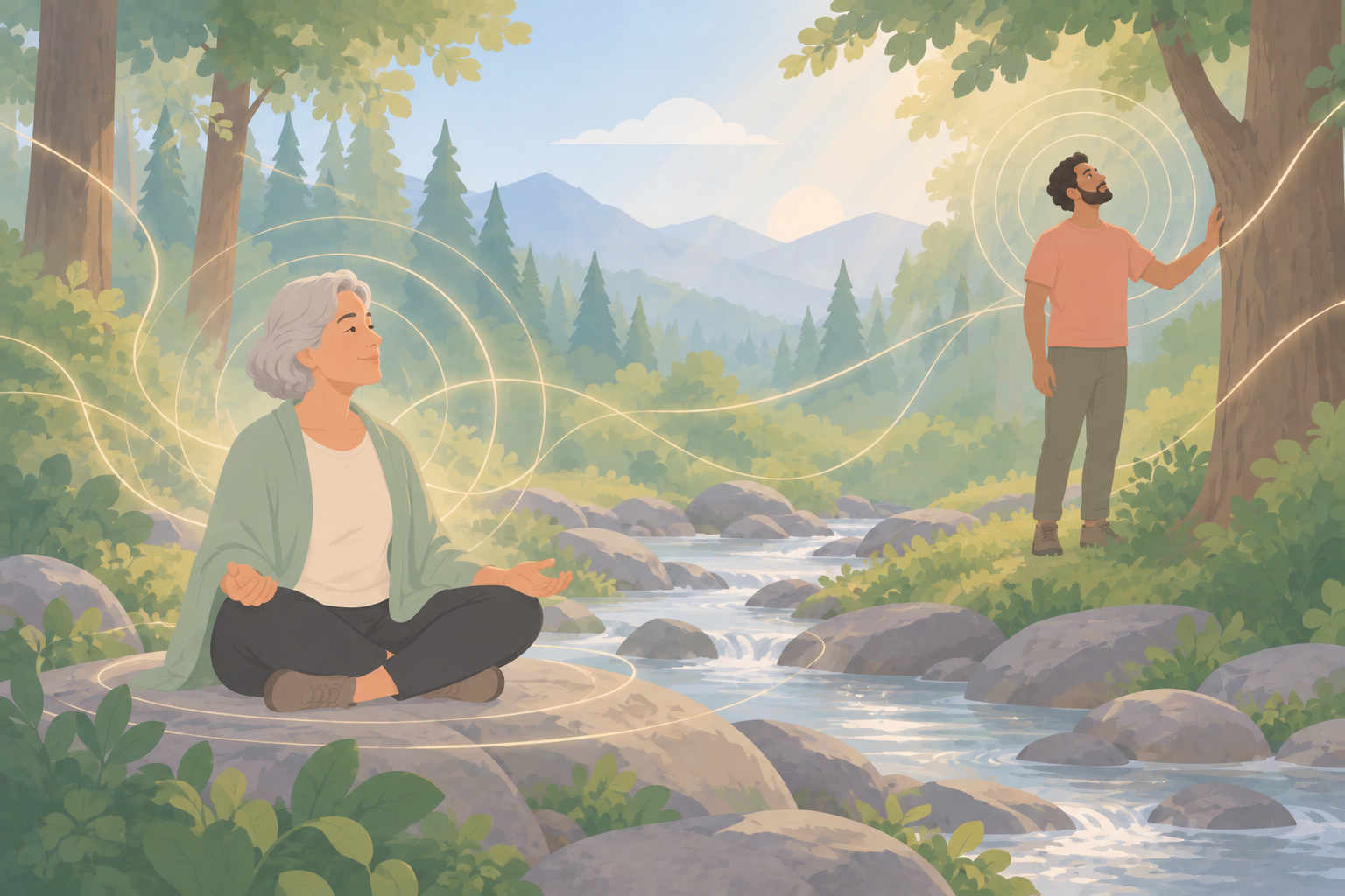 A woman sits in meditation on a rock and a man touches a tree trunk in a forest clearing, rings of light radiating from each.