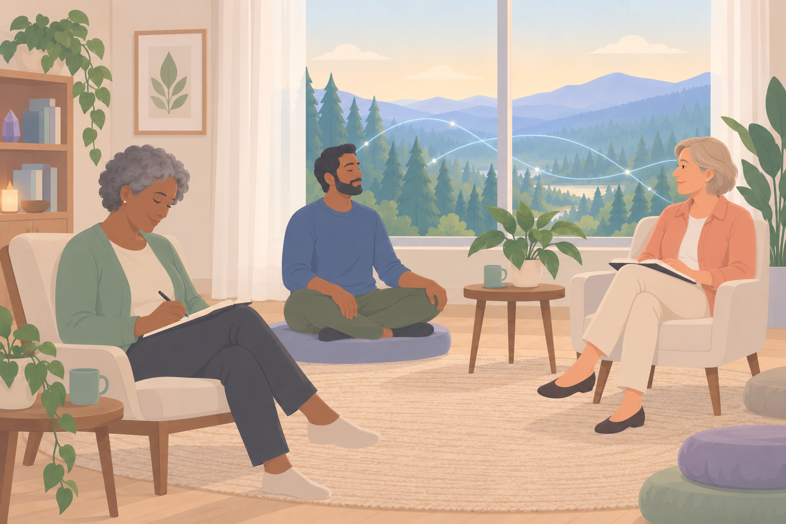 Three adults sit apart in a retreat room — one journaling, one meditating on a cushion, one listening from an armchair.