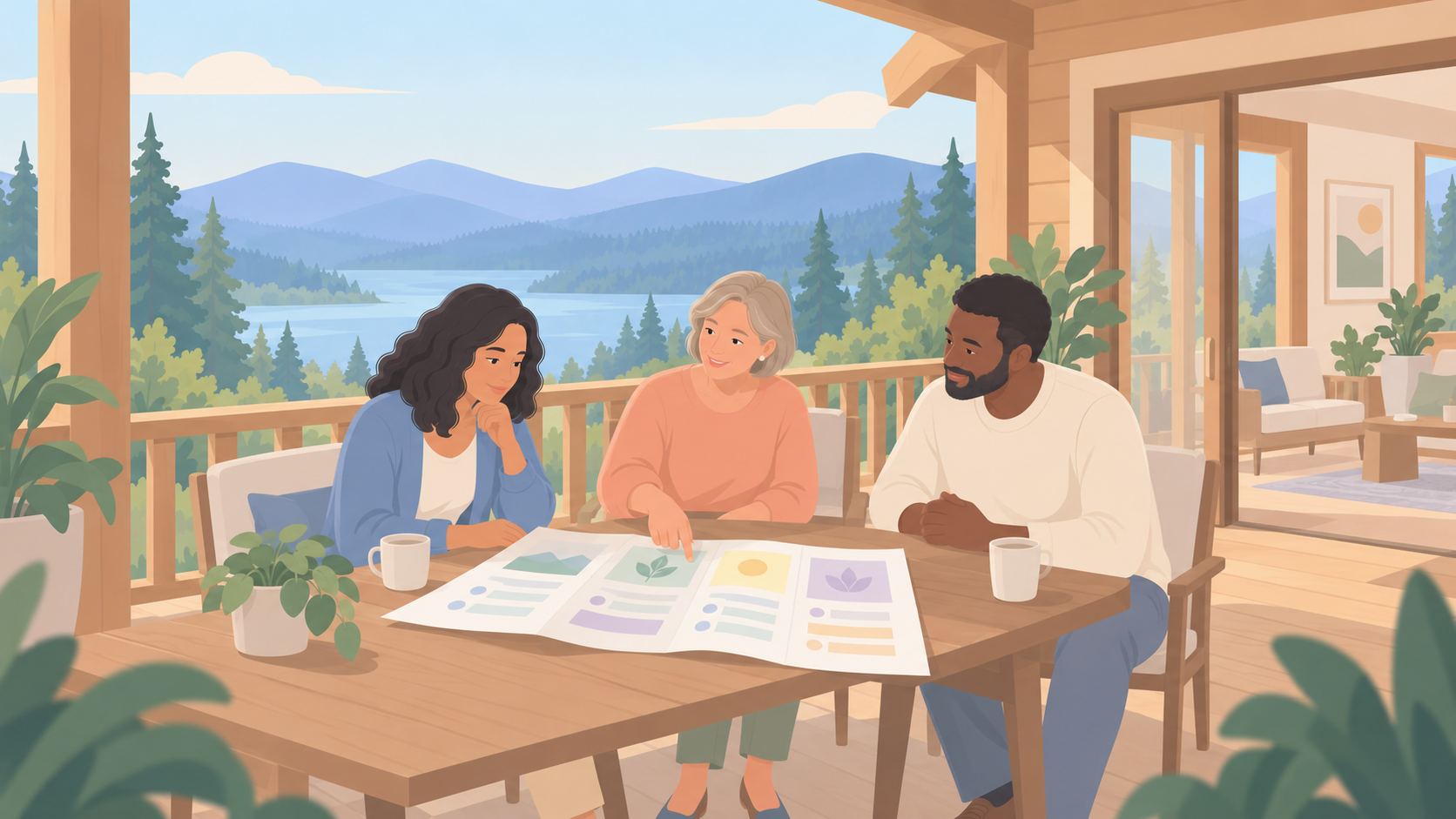 Three adults review a retreat program schedule together on a lodge porch overlooking a lake.