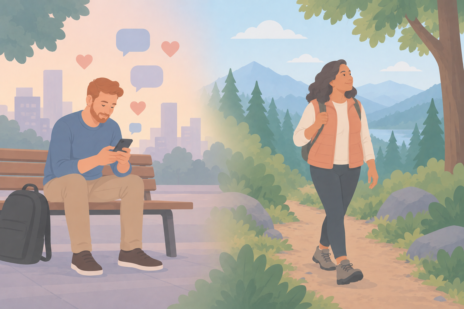 A man scrolls his phone on a bench beside floating social media icons while a woman walks a quiet woodland trail.
