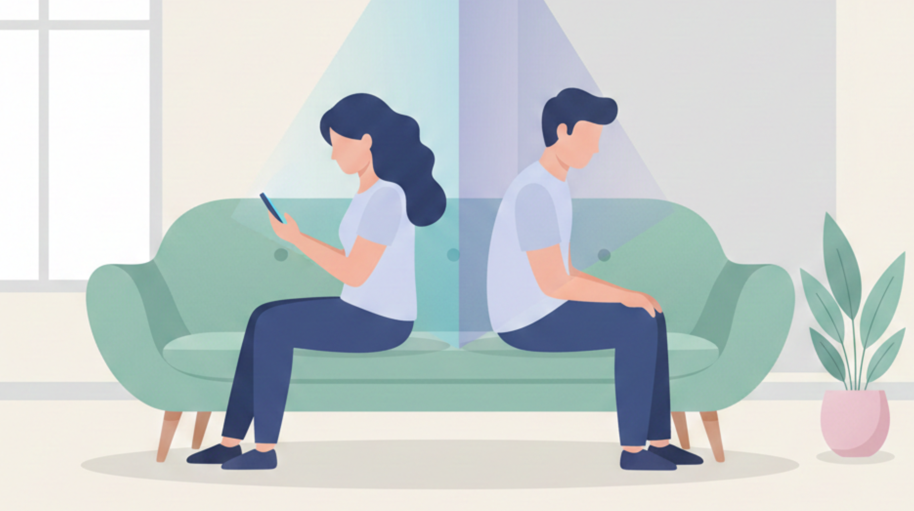 Illustration of a distant couple sitting back-to-back on a sofa, representing relationship disconnect before psychedelic therapy and couples counseling at Beckley Retreats to heal emotional blocks.