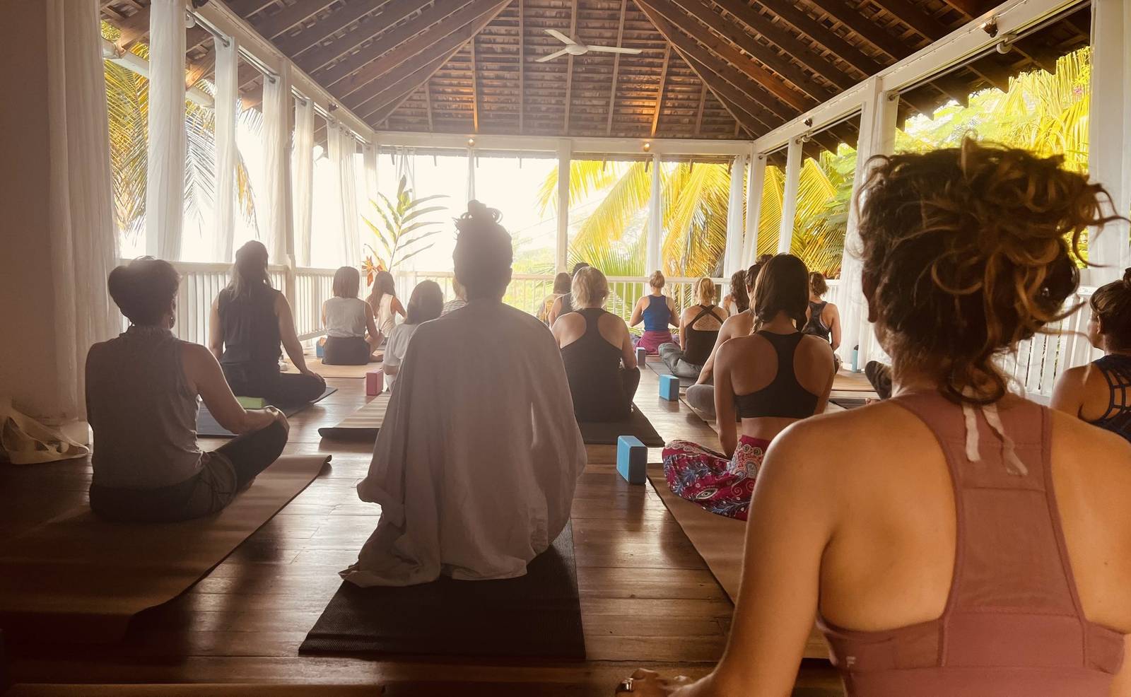 Guests in the yoga pavilion at Good Hope, Jamaica