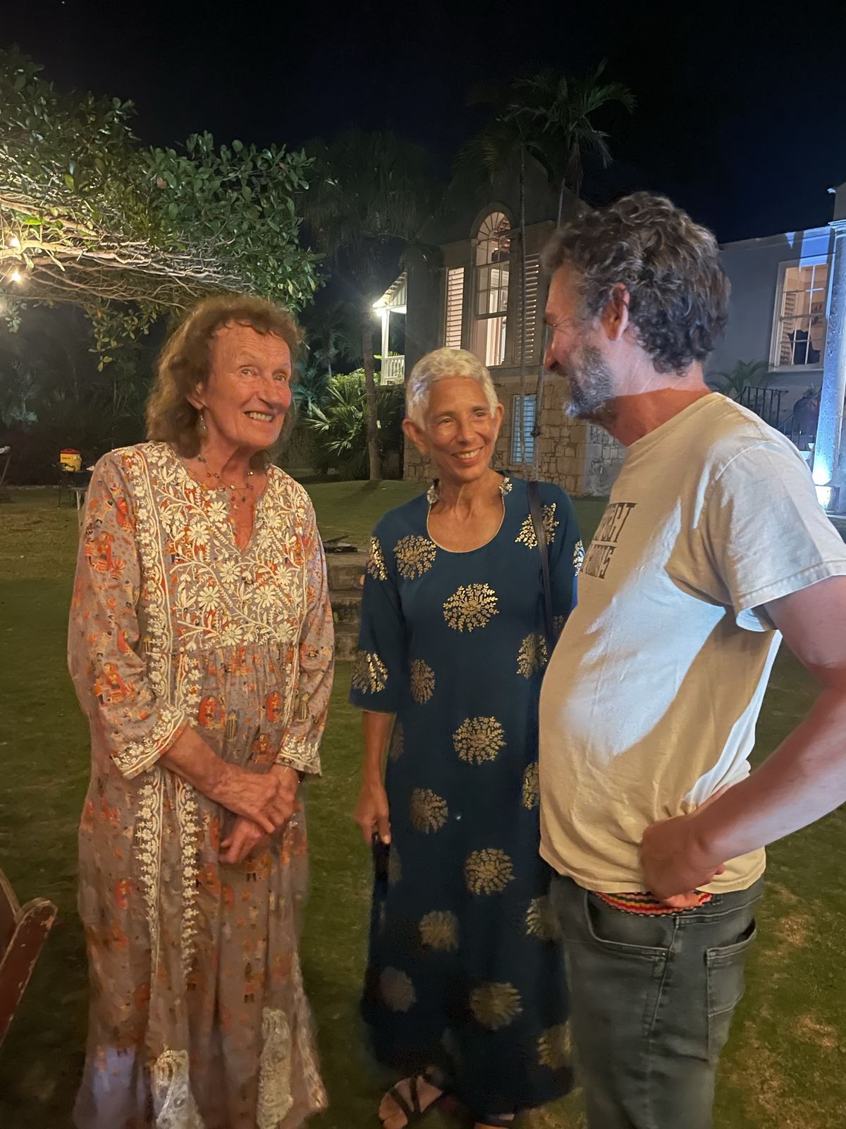 Amanda Feilding and Dingle Spence with Blaise, owner of Good Hope, at night