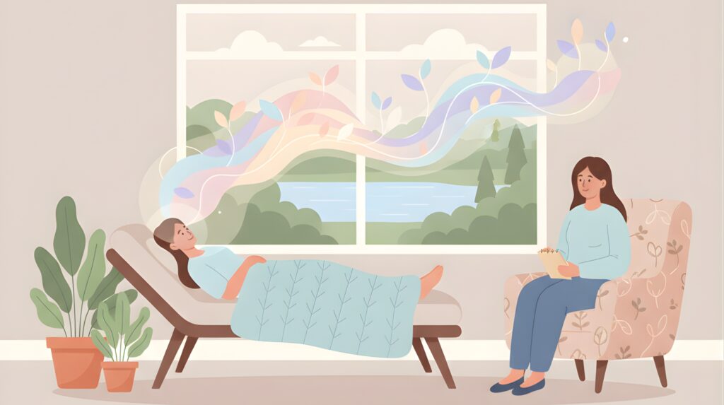 Psilocybin and caffeine: A person lies on a lounge chair covered by a blanket, experiencing a colorful, plant-like visionary state while a therapist sits beside them with a notepad.