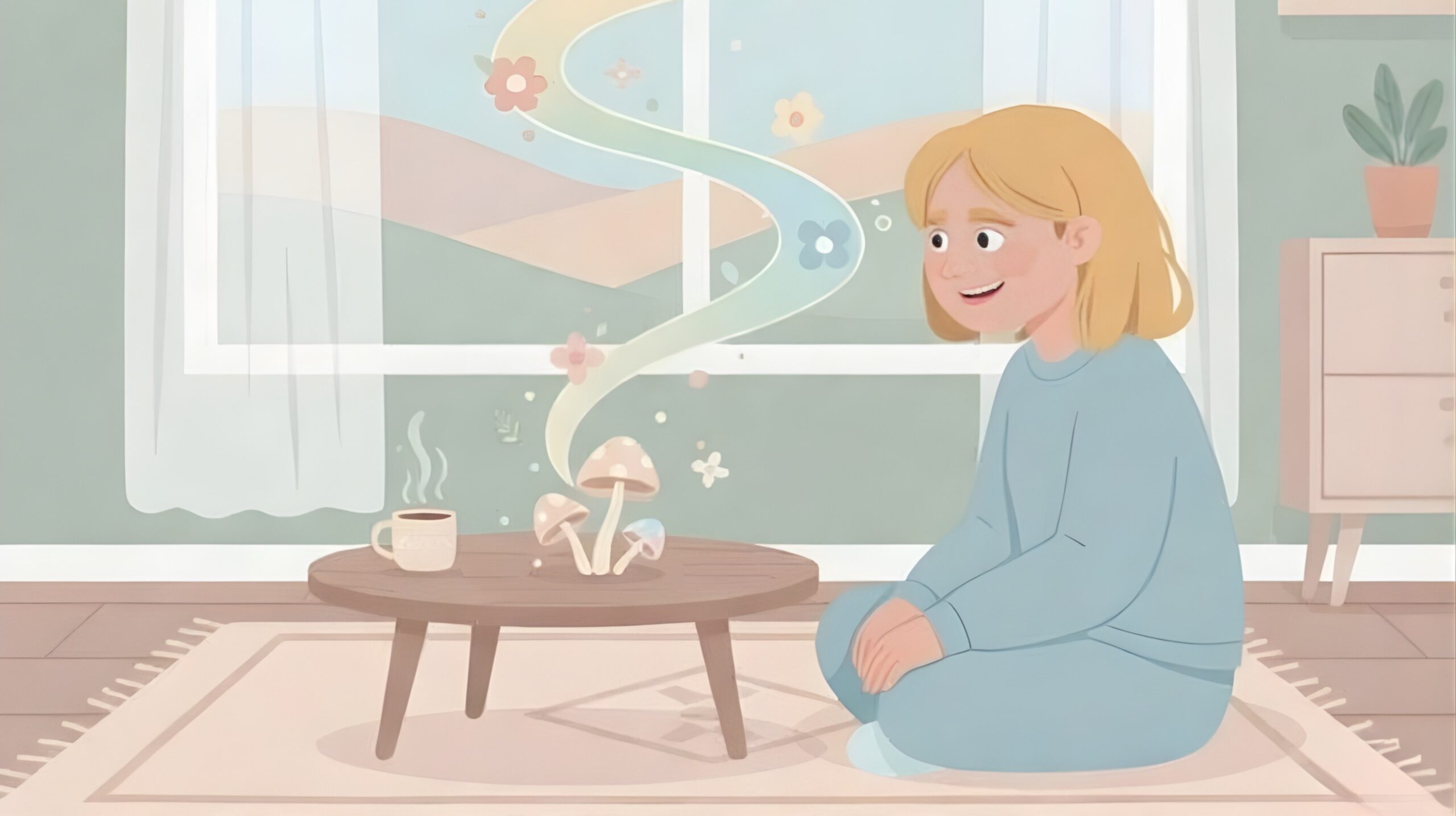 Psilocybin and caffeine: A young woman sits on the floor, looking troubled, with a cup of hot beverage and small mushrooms on a low table, from which a colorful, flower-filled rainbow stream rises.