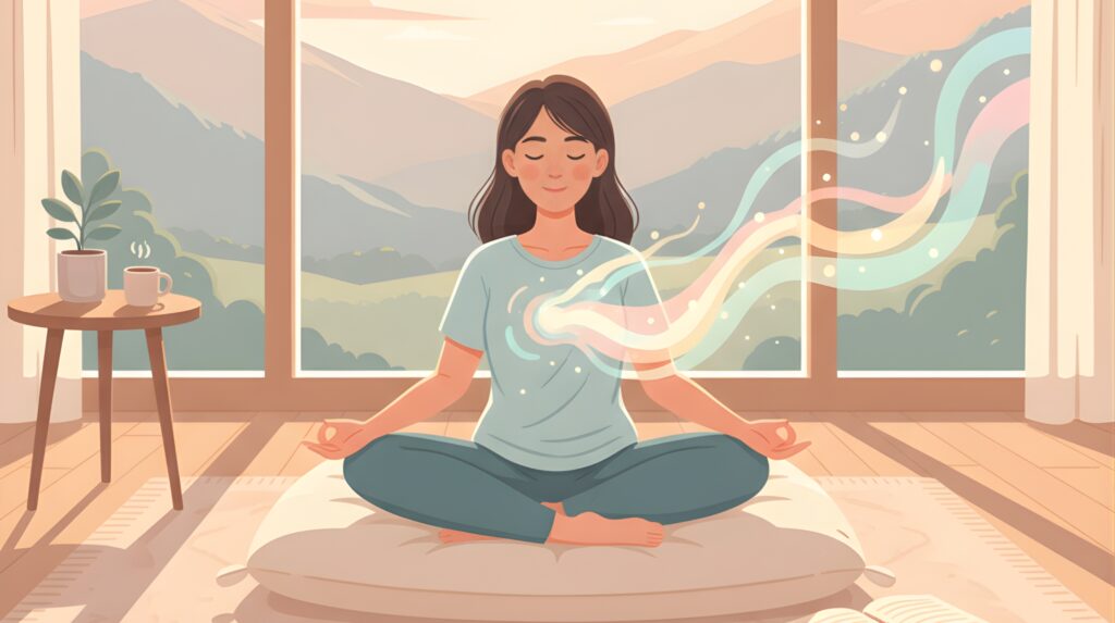 Psychedelic Retreat California: A woman meditating on a cushion, with light flowing from her chest, set against a stunning mountain view backdrop.