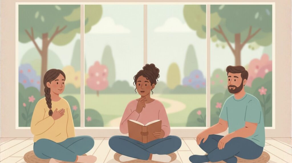 Psychedelic Retreat California: Three people sit cross-legged in a bright room with large windows overlooking a serene garden, one woman reading from a book, engaging in a shared experience.